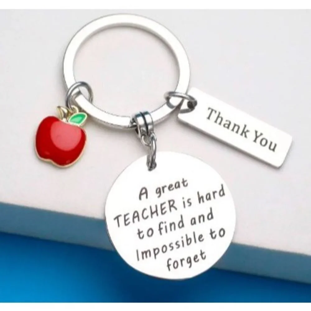 Teacher Gift Apple Thank You Keychain Silver Tone